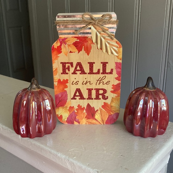 🆕2 Cranberry Pearl Porcelain Pumpkins & Fall Is In The Air Wood Mason Jar Sign - Picture 4 of 17